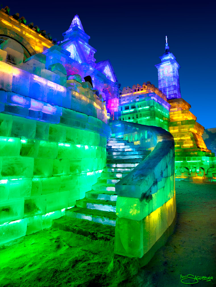 harbin-ice-city-china-yellow-green-blue-stairs-castle-glow-by-nick-saglimbeni-760
